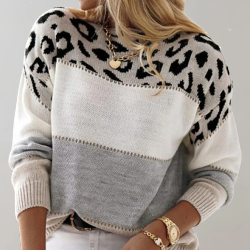Aimélia™ – Colorblock Leopard Knit Sweater