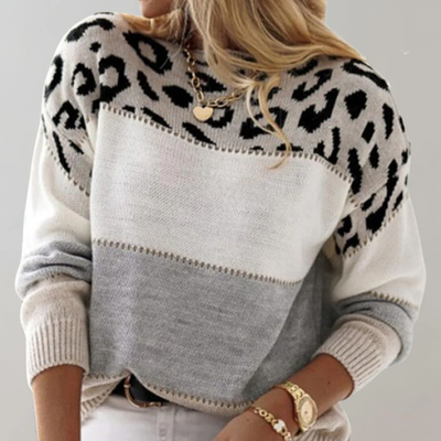 Aimélia™ – Colorblock Leopard Knit Sweater