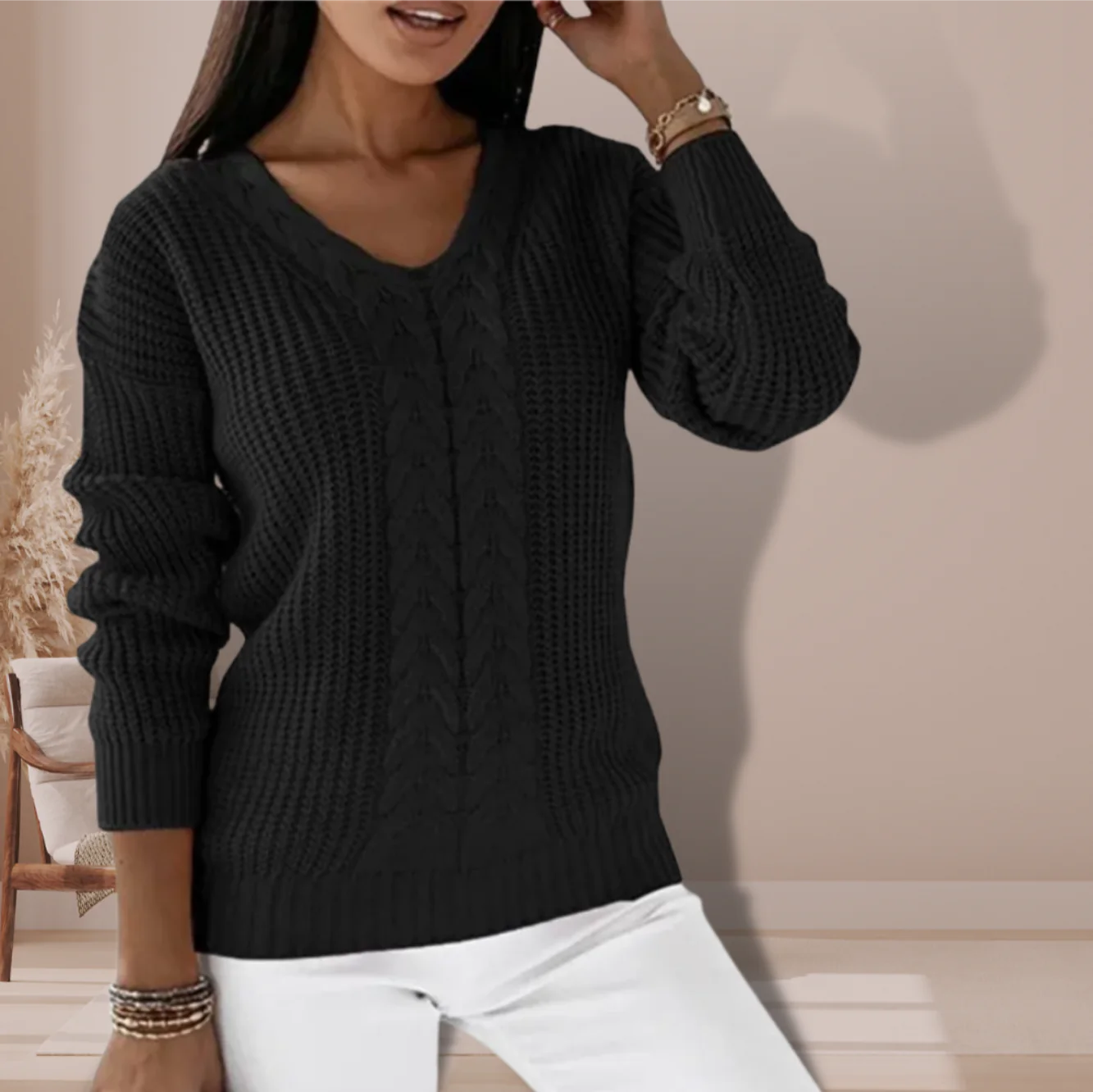 Averra™ – Classic Cable Knit V-Neck Sweater