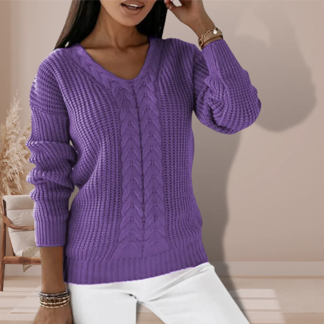 Averra™ – Classic Cable Knit V-Neck Sweater